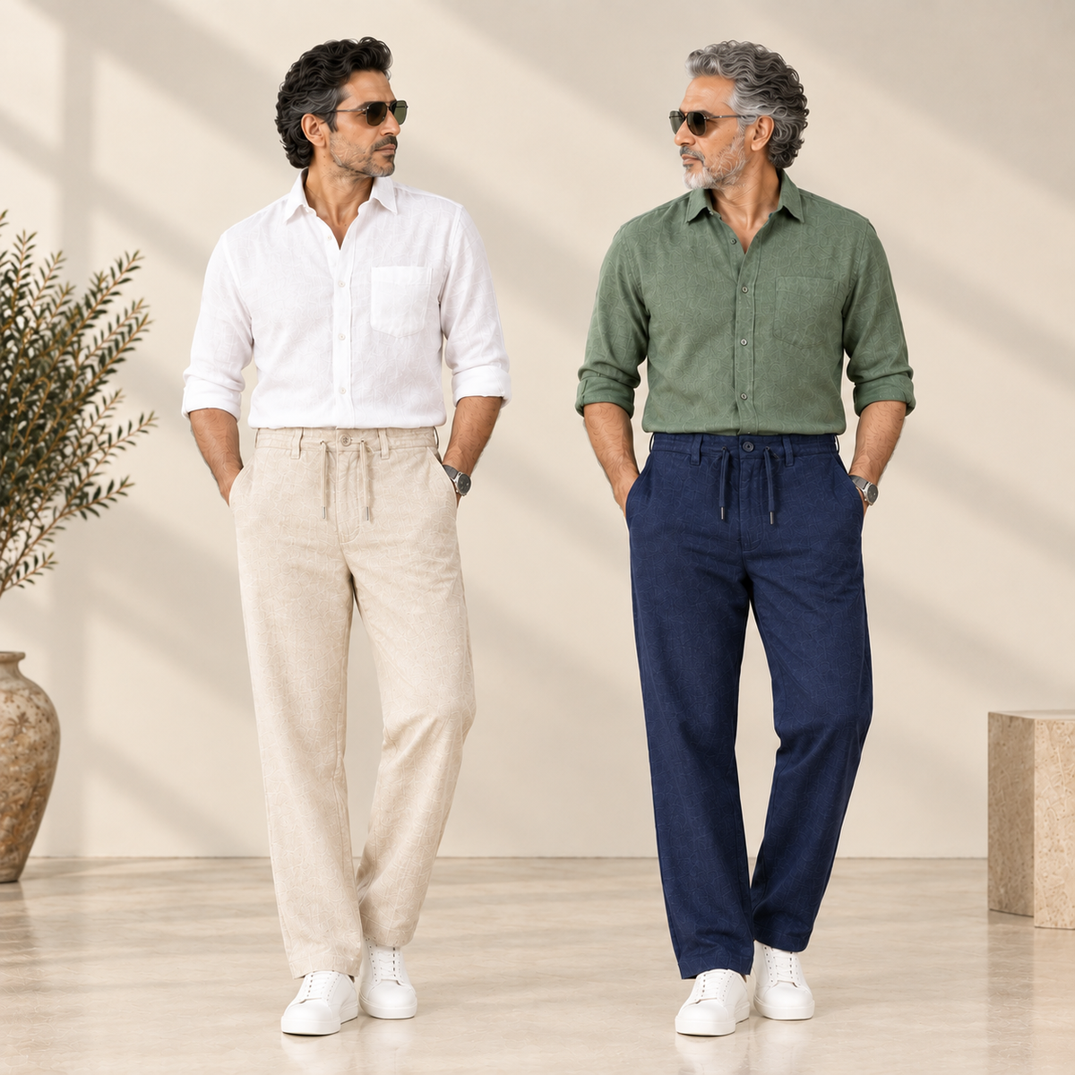 Pack of 2 - Premium Linen Blend Men's Pants (Beige & Navy)